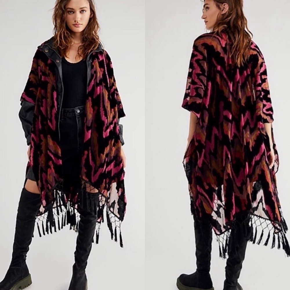 Free People Dripping Velvet Burnout Kimono Tassel Fringe OS
